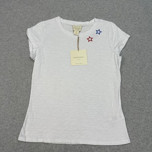 Cynthia Rowley T-Shirt WMNS S White Embroidered Star Slub Jersey Cotton Crewneck - Picture 1 of 5